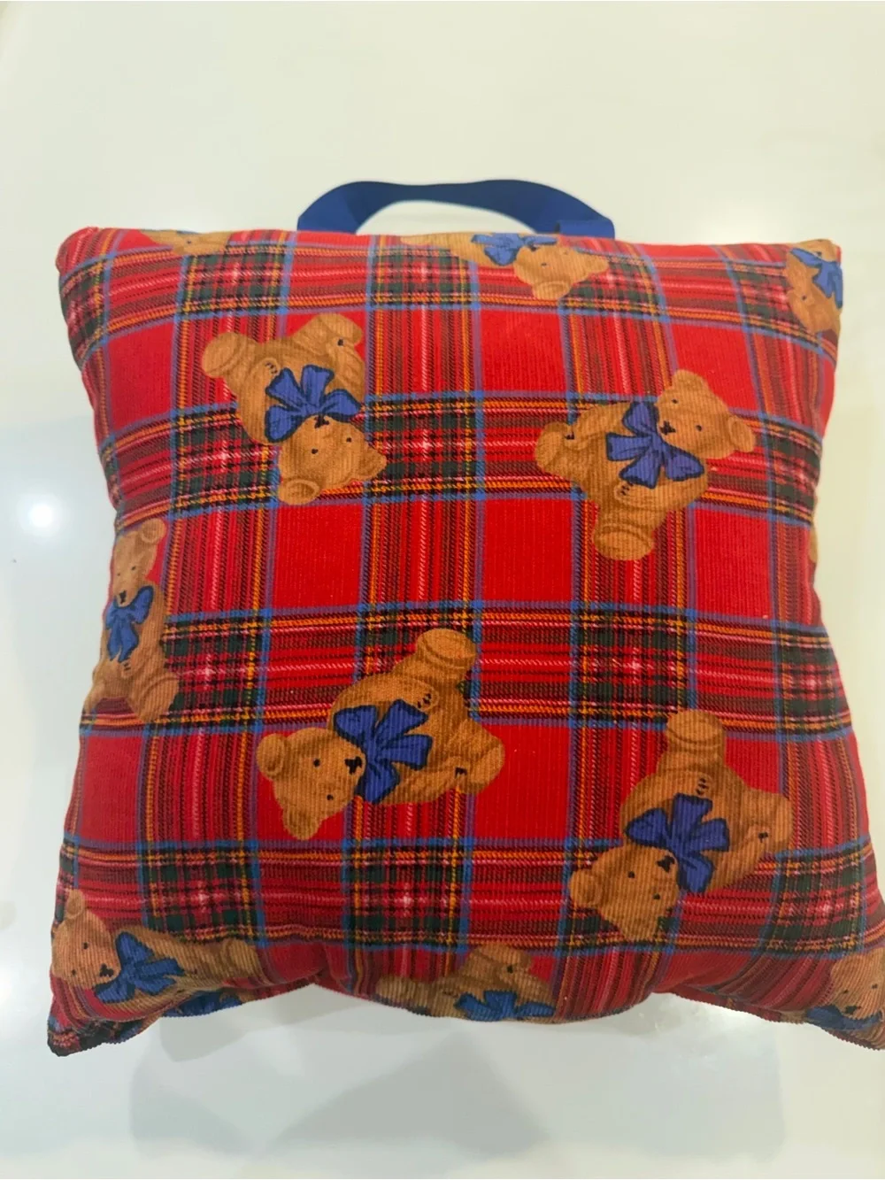 Red Plaid Teddy Bear Accent Pillow with Blue Ribbon Handle and Pocket